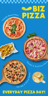 Blue and yellow pizza advertising menu board