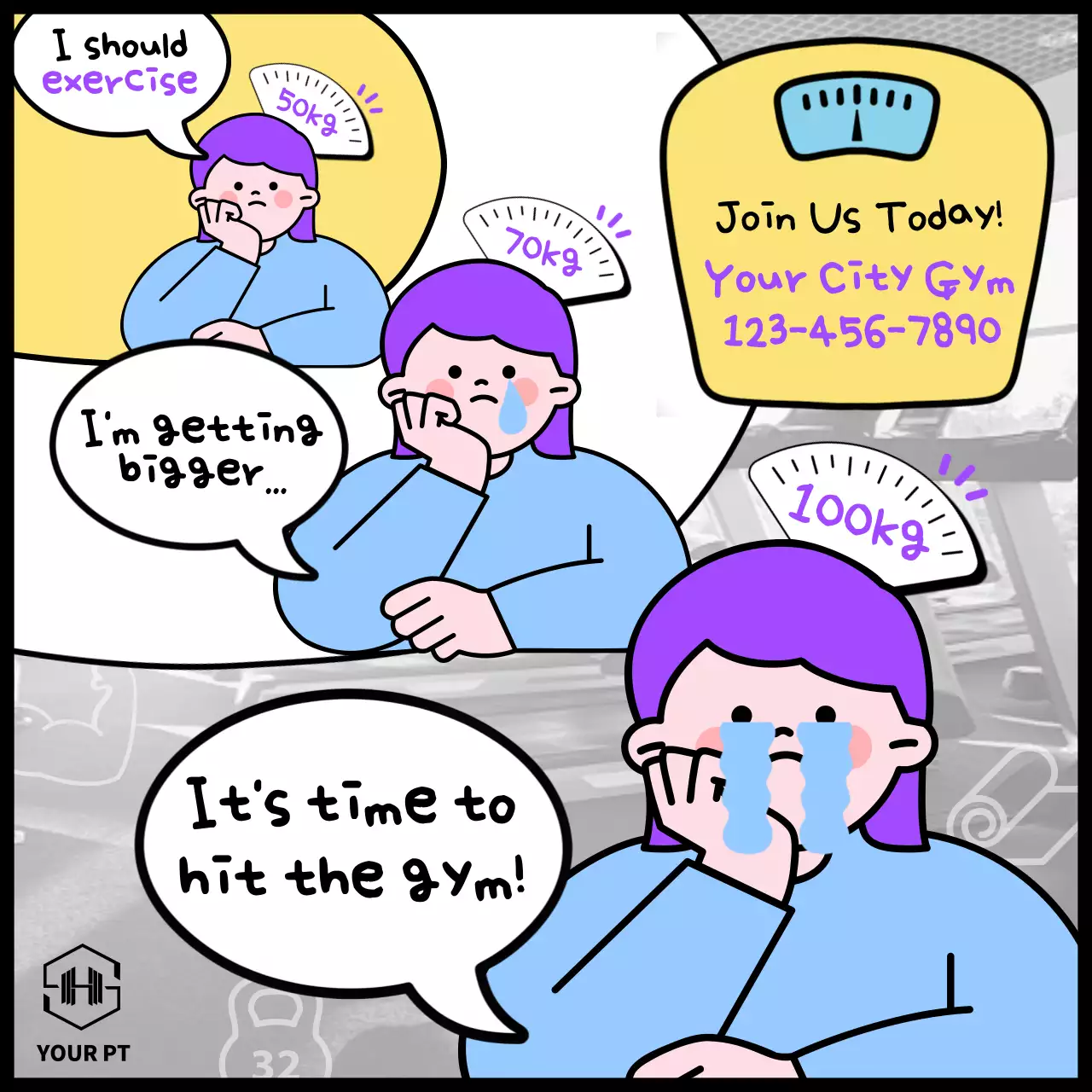 Promote PT consultations with yellow and purple gag style