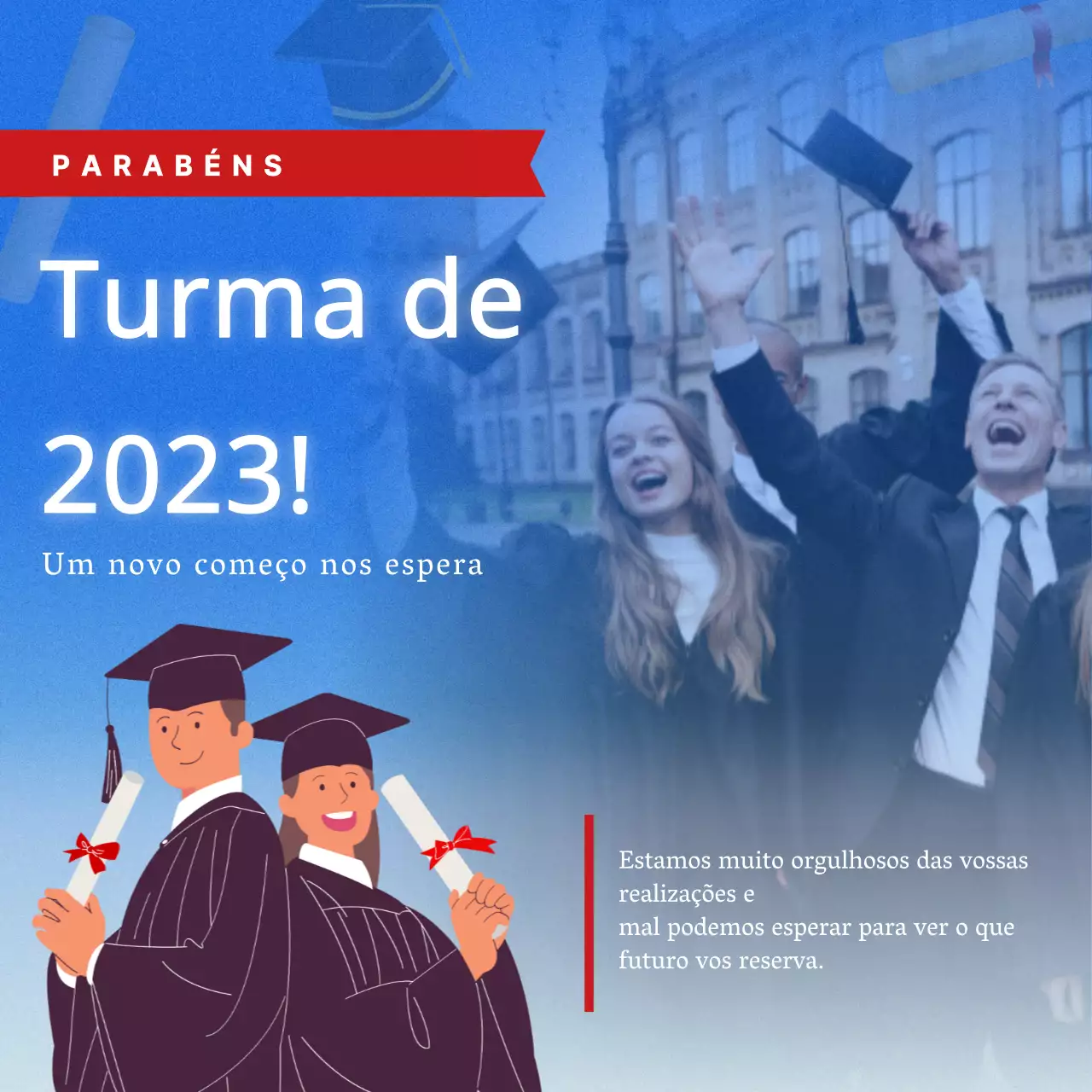Anúncio de época de formatura clássico azul e vermelho