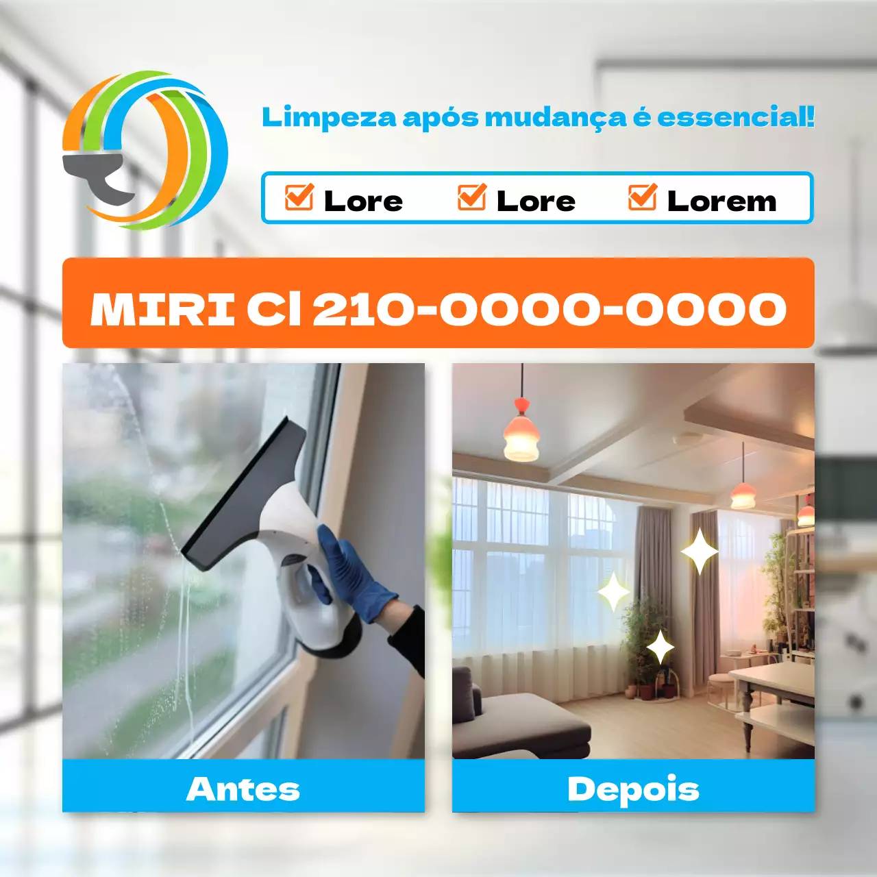 Anúncio de serviço de limpeza moderno em laranja e azul claro