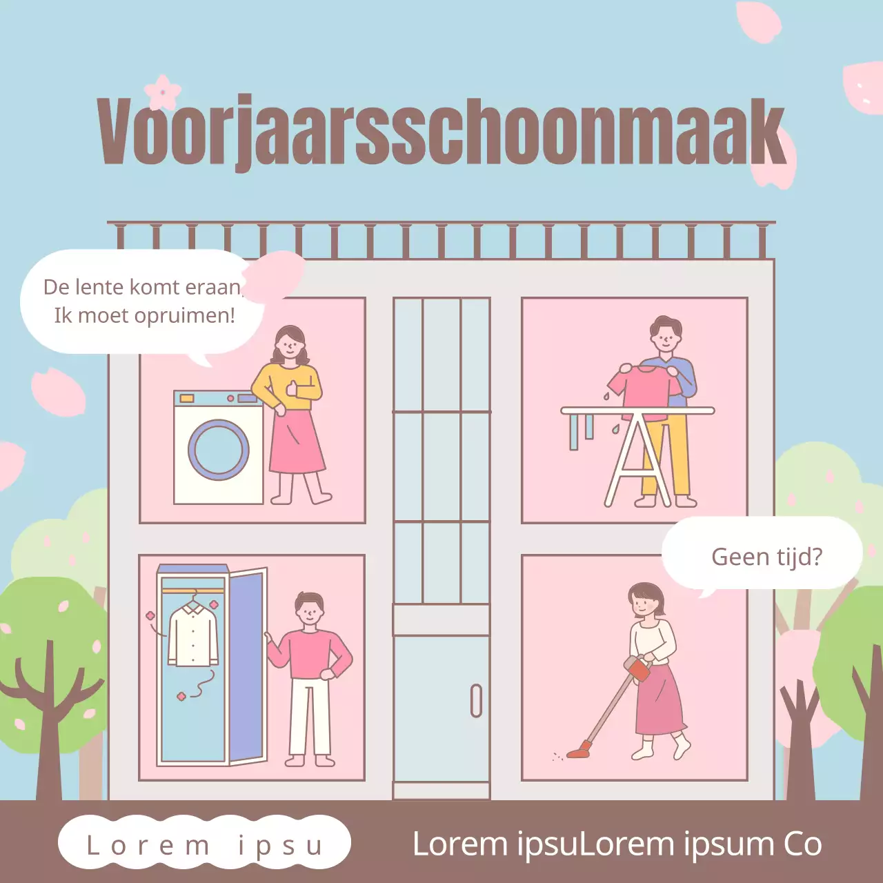 Een schattige lichtblauwe en roze reclame voor een huis-aan-huisreiniger