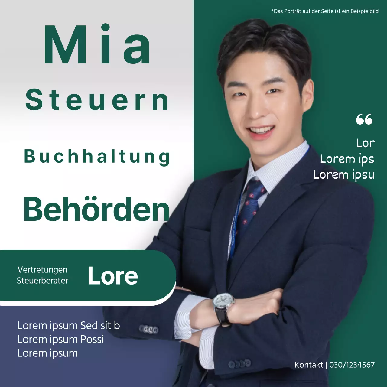 Eine einfache Werbeaktion in Grün und Marineblau für eine Steuerberatungsgesellschaft