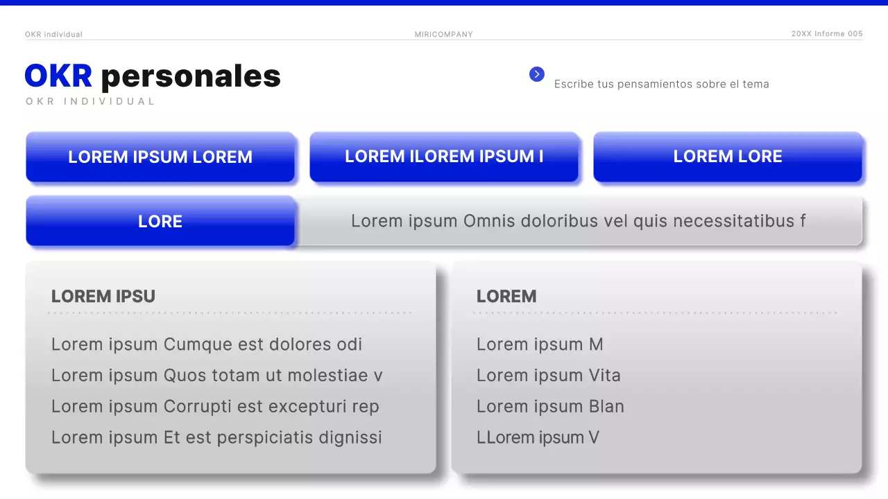 Informe OKR moderno en azul y blanco