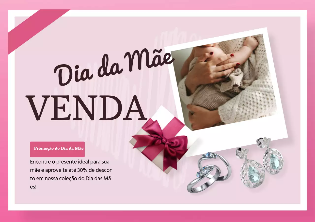 Anúncio elegante de saldos para o Dia da Mãe em rosa e branco