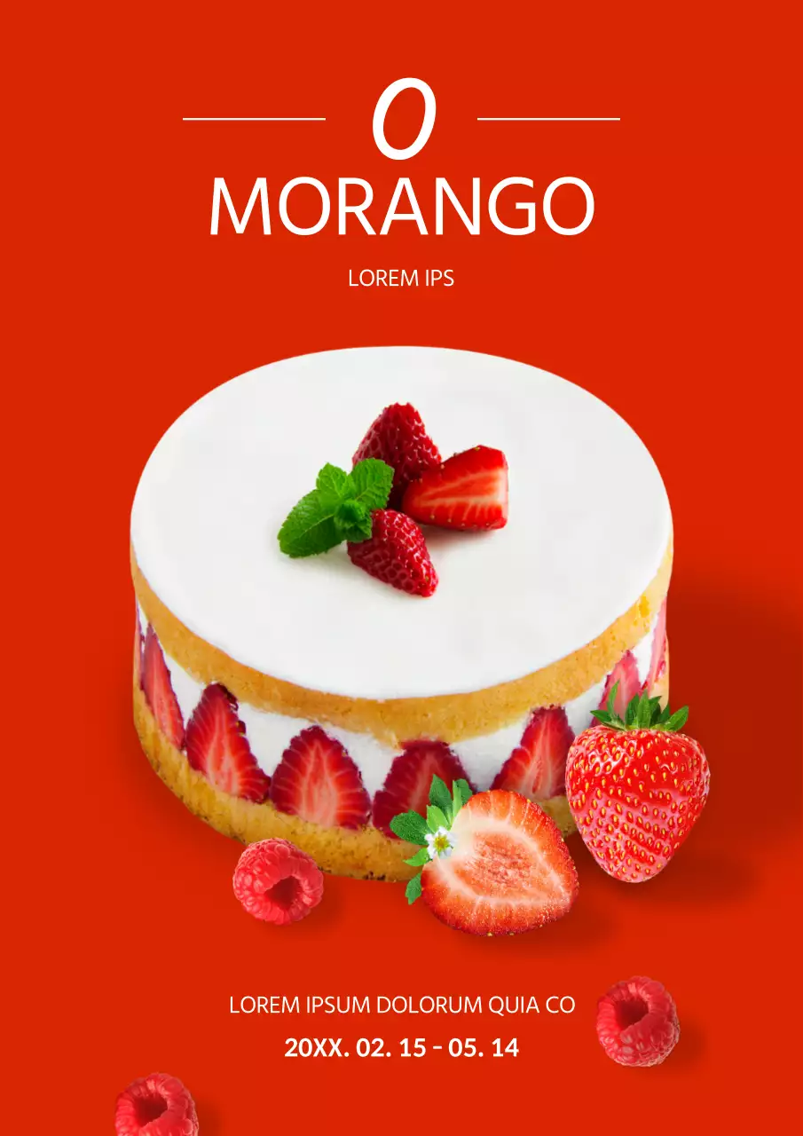 Anúncio de bolo de morango simples em vermelho e branco