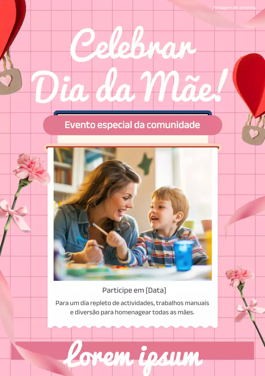 Publicidade de evento de celebração do Dia da Mãe em rosa e branco