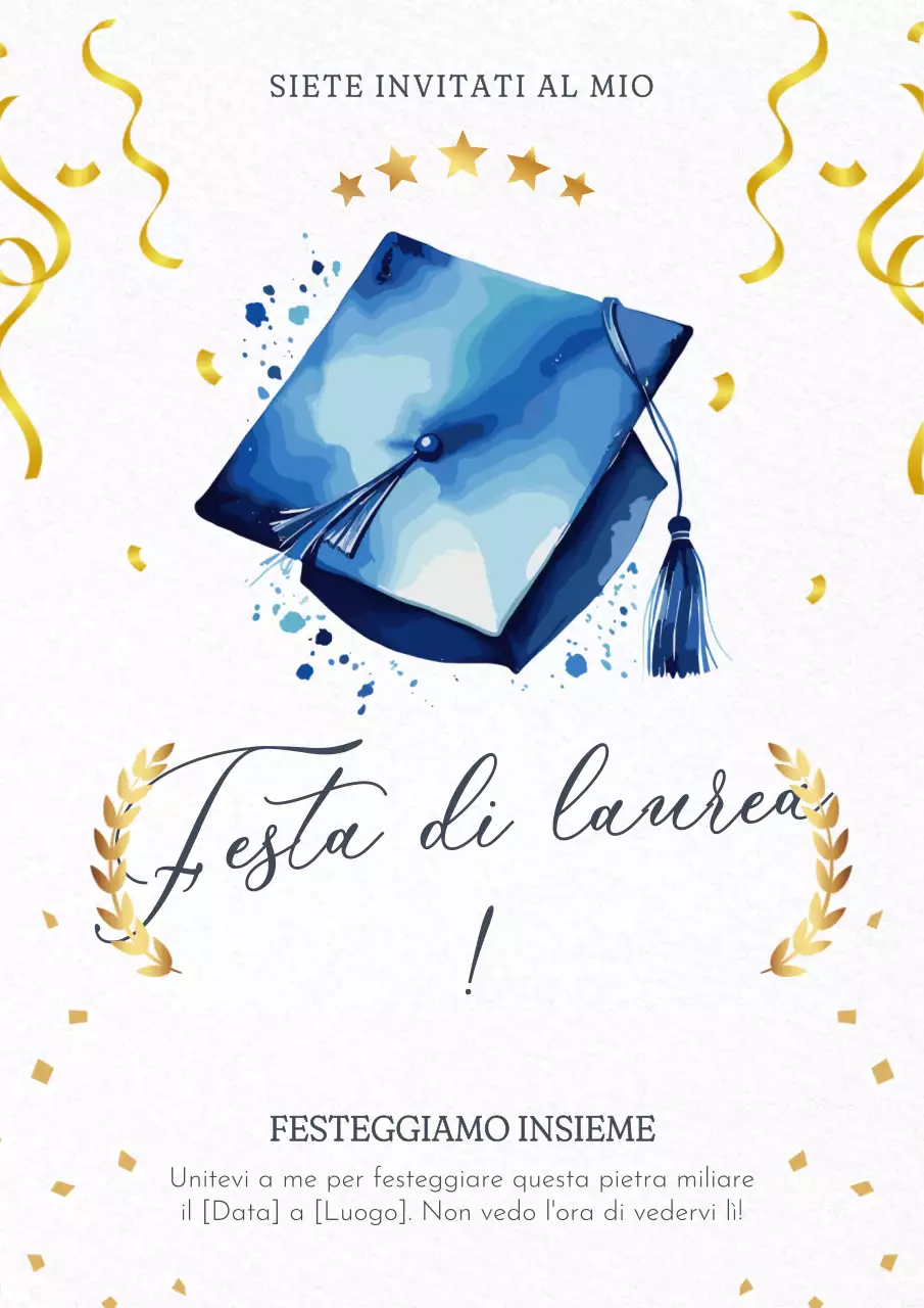 Invito elegante alla festa di laurea in oro e blu