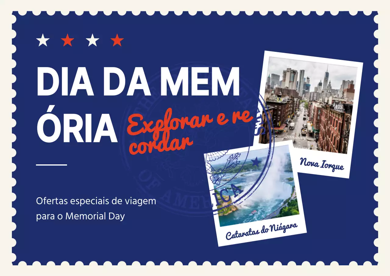 Anúncio de portais do Memorial Day em azul-marinho e branco vintage