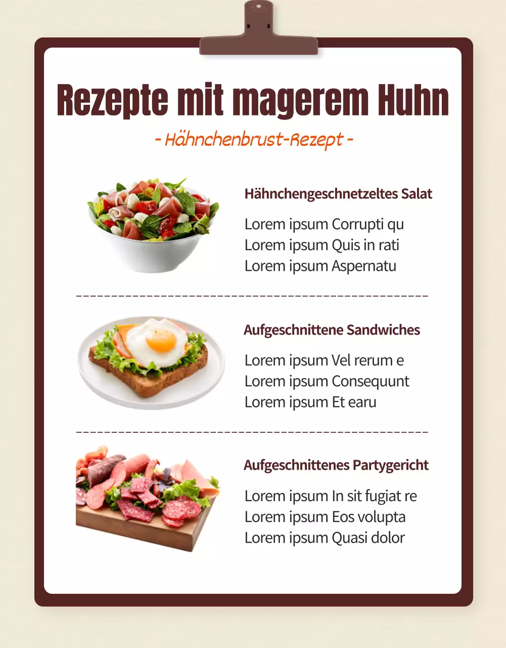 Förderung einer einfachen Ernährung Hühnerbrust in braun und beige