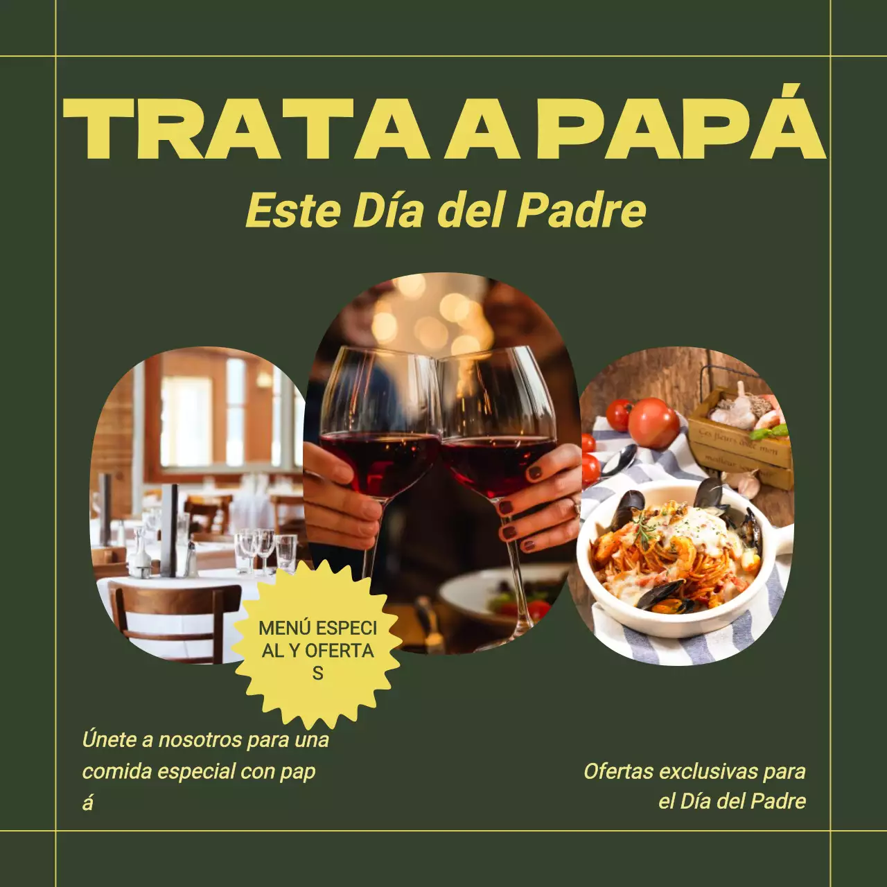 Publicidad de moda en restaurantes para el Día del Padre en amarillo y verde
