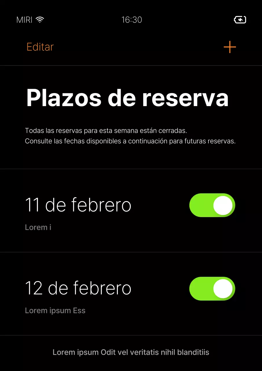 Un sencillo anuncio de reserva en negro y verde lima