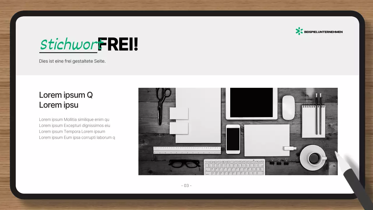 Präsentation mit einem einfachen grünen und grauen Hintergrund und nur Elementen