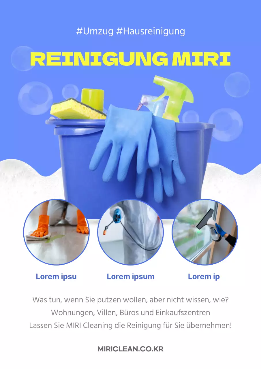 Werbung für ein modernes Reinigungsunternehmen in blauen und fluoreszierenden Farben