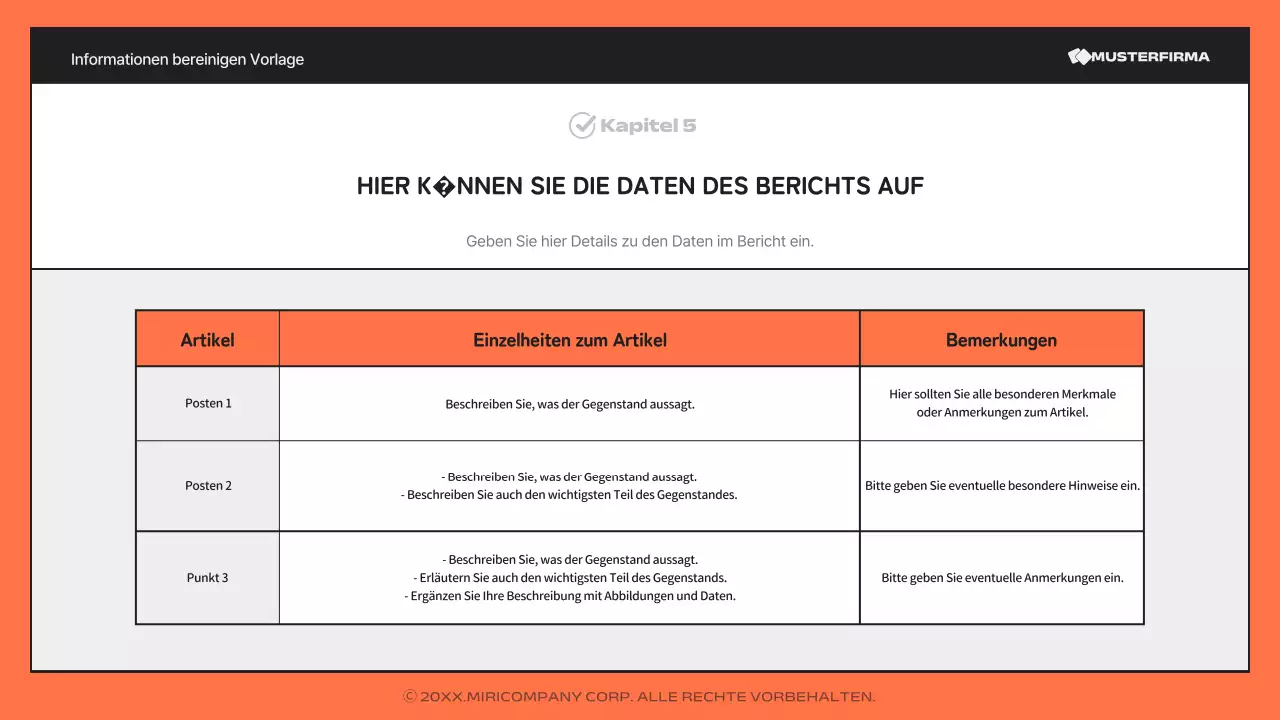 Ein einfacher, orange-schwarzer Bericht mit vielen Informationen
