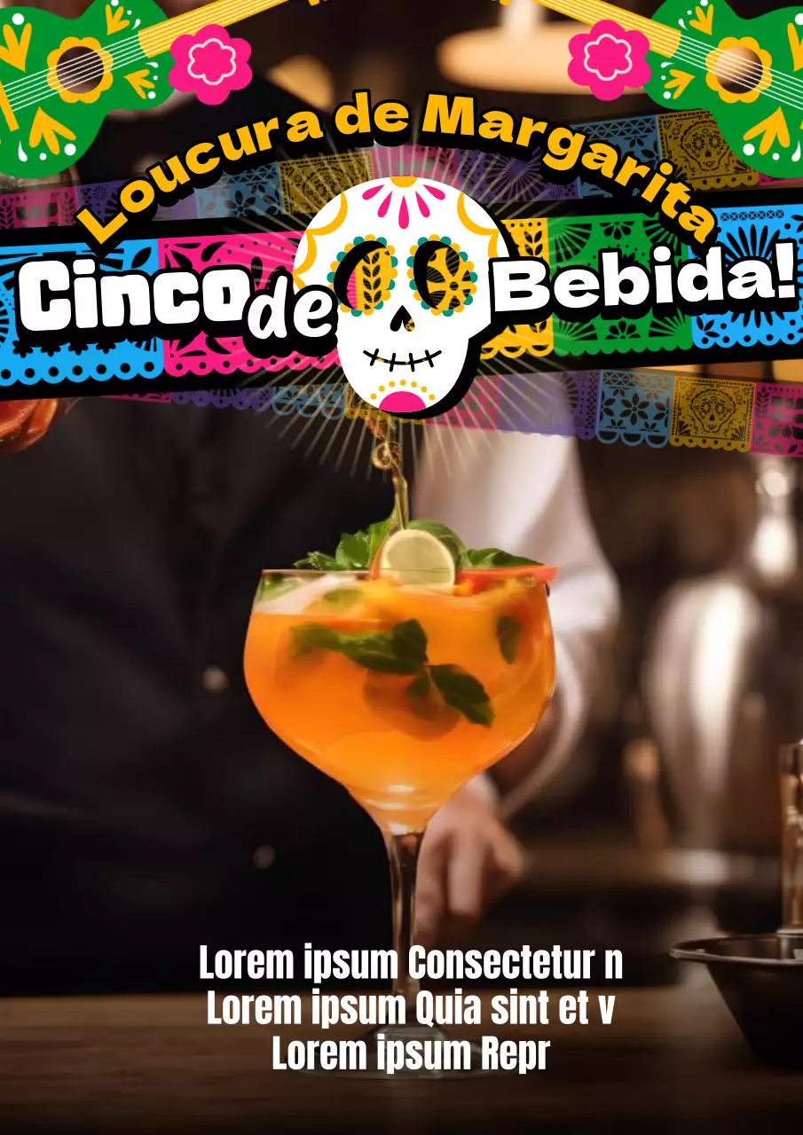Anúncio de evento do bar Cinco Mayo Kitsch verde e laranja