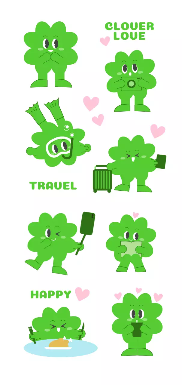 초록색과 연두색의 귀여운 컨셉의 다양한 클로버 캐릭터 디자인