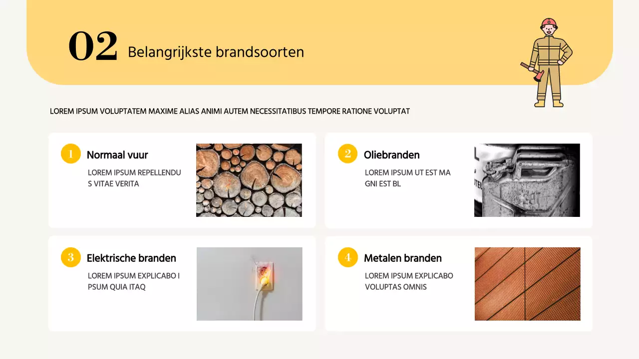 Eenvoudig, geel trainingsmateriaal voor brandveiligheid