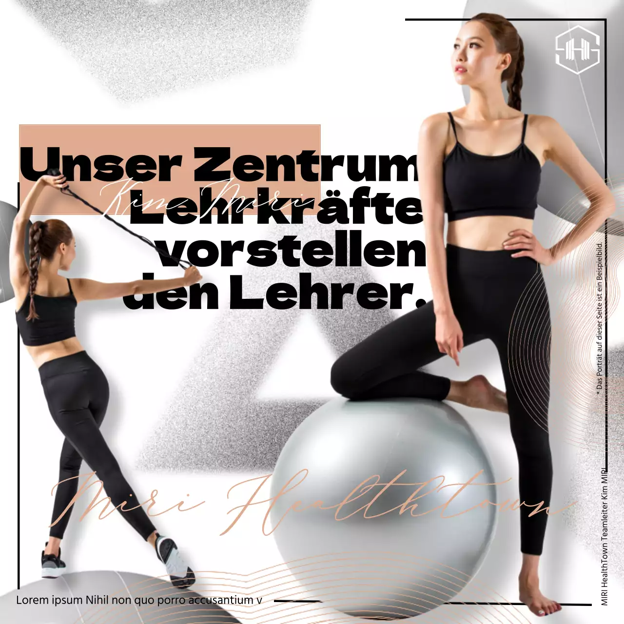 Werbung für eine stilvolle Pilates-Lehrerin in Schwarz und Beige