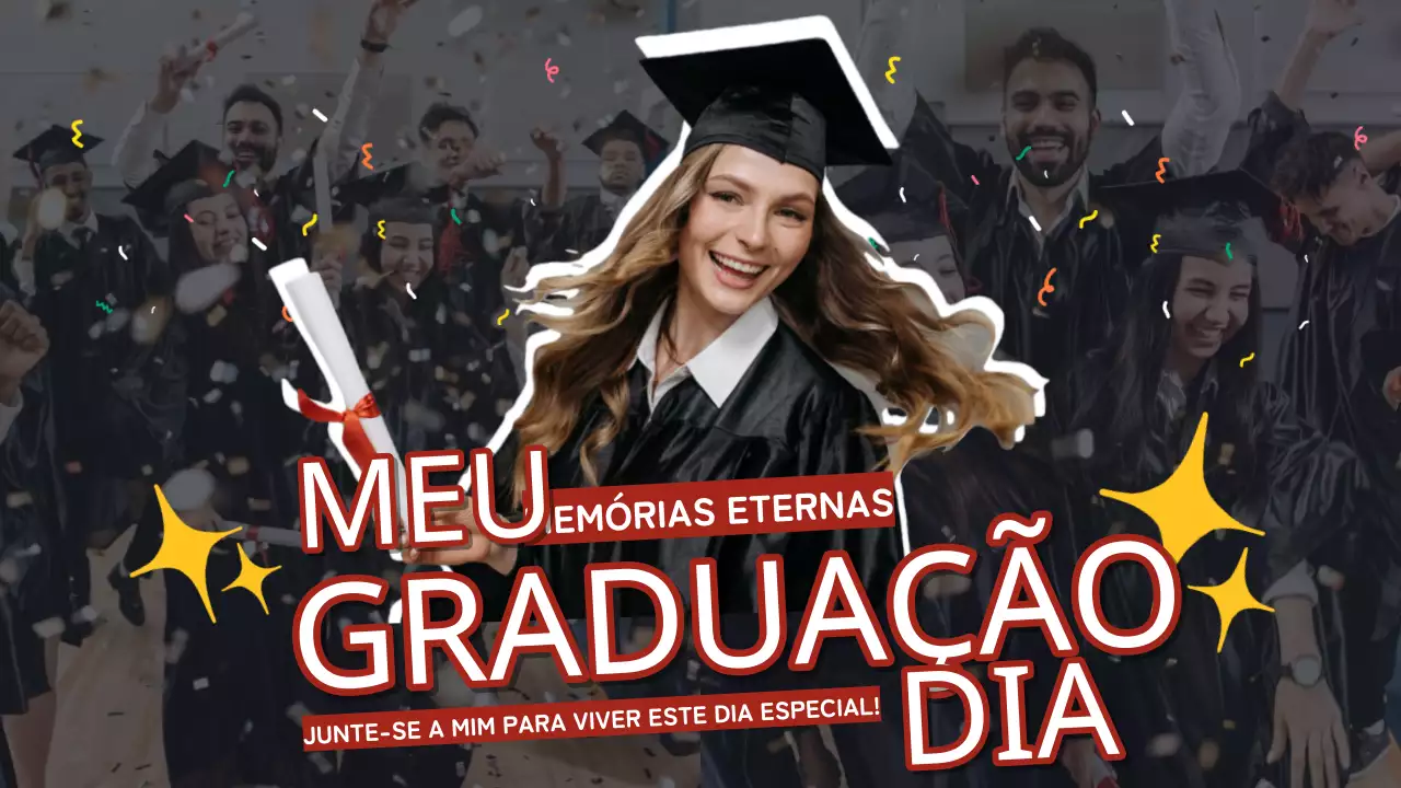 Uma história de formatura moderna em vermelho e amarelo