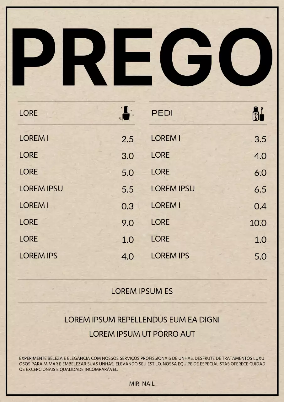 Preços para um simples salão de unhas em bege e preto