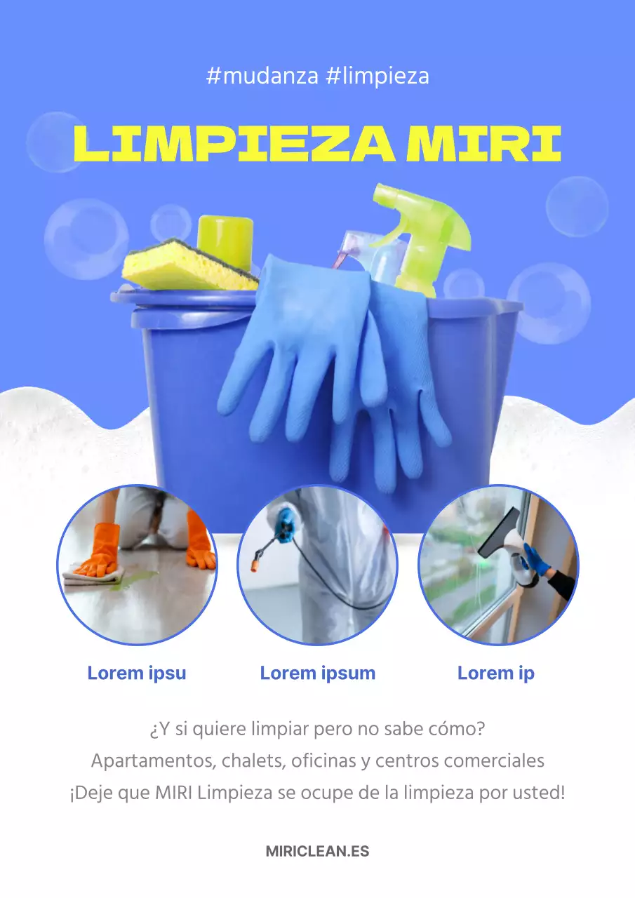 Promocionar una empresa de limpieza moderna con colores azules y fluorescentes