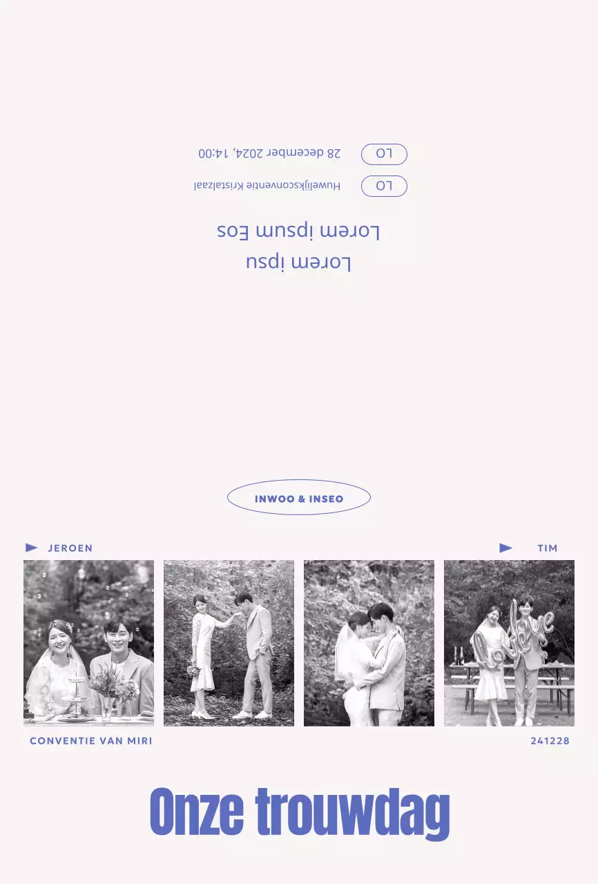 Een uitnodiging met een zwart-wit concept met vier uitgesneden foto's in een strak lettertype
