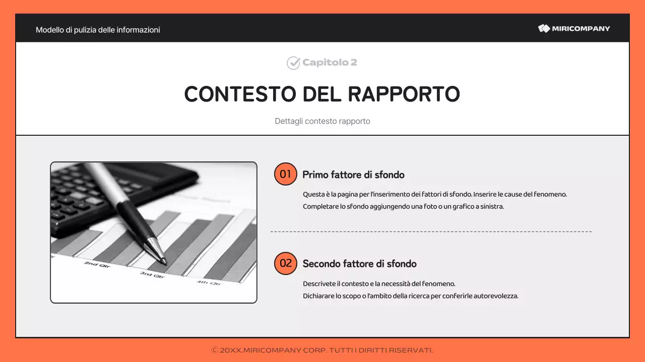 Un semplice report arancione e nero, ricco di informazioni