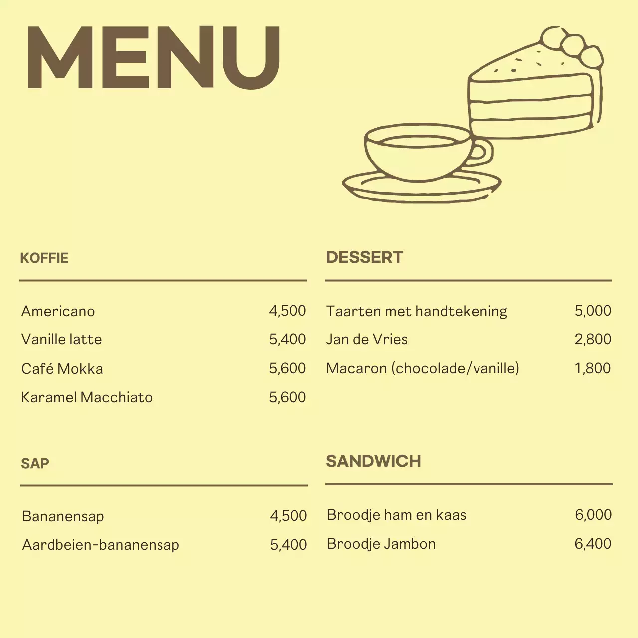 Eenvoudige café aankondiging in geel en bruin