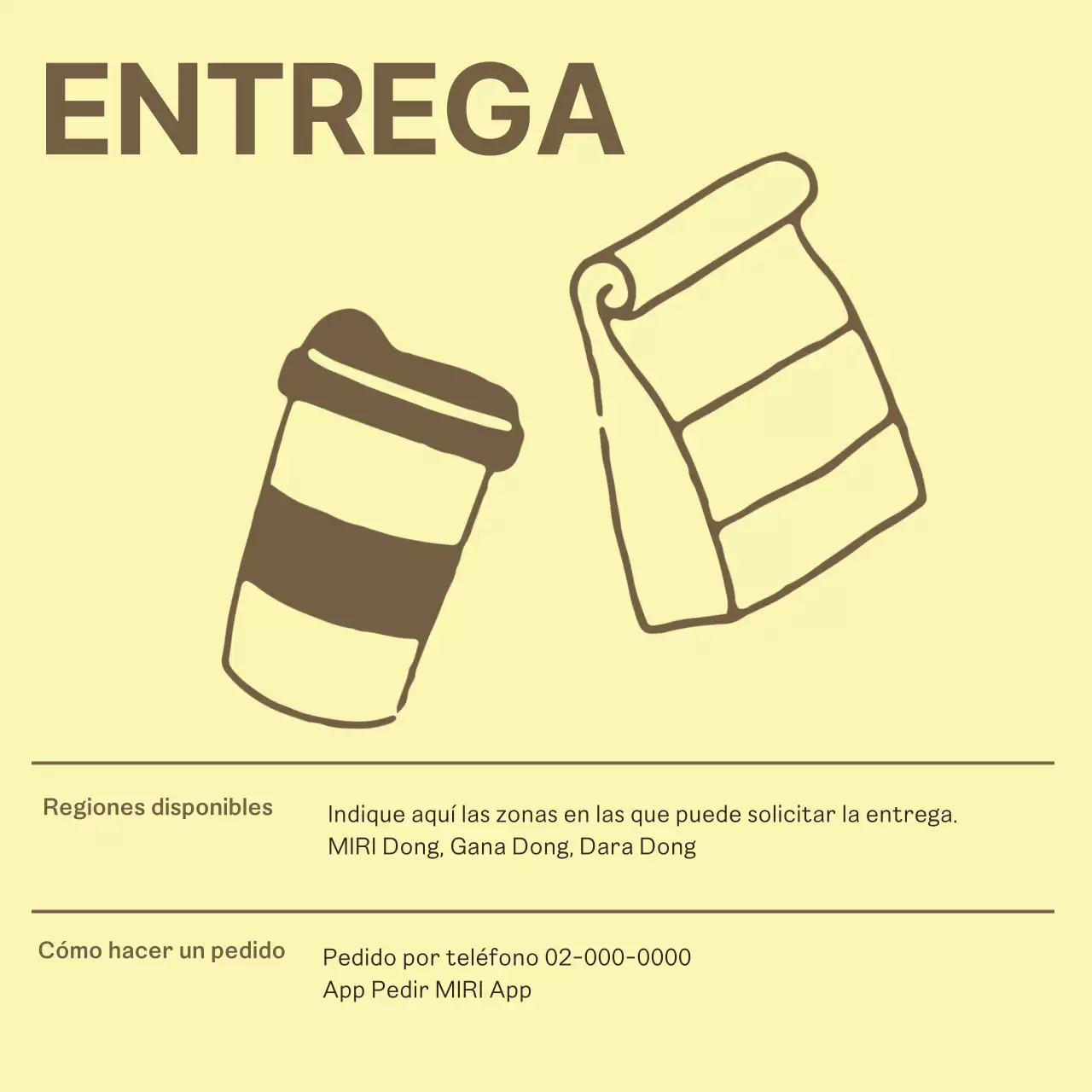 Sencillo anuncio de cafetería en amarillo y marrón