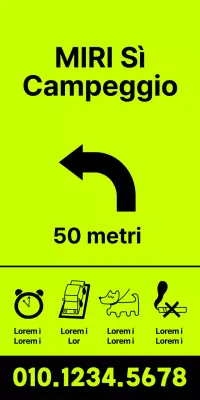 Le posizioni dei campeggi sono scritte in nero su sfondo fluorescente.