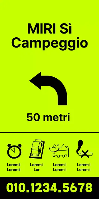 Le posizioni dei campeggi sono scritte in nero su sfondo fluorescente.