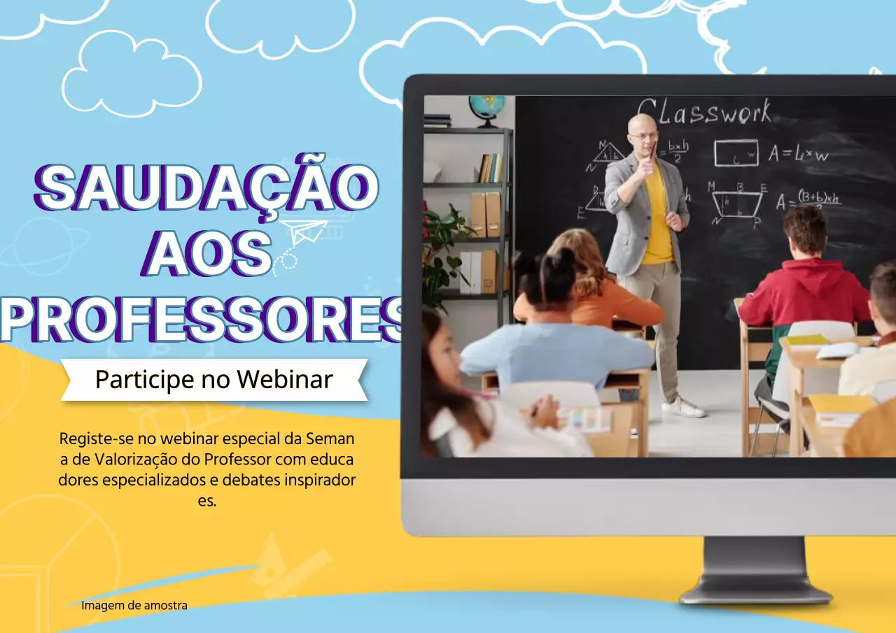 Convite para Webinar sobre o Dia do Professor em azul celeste e amarelo