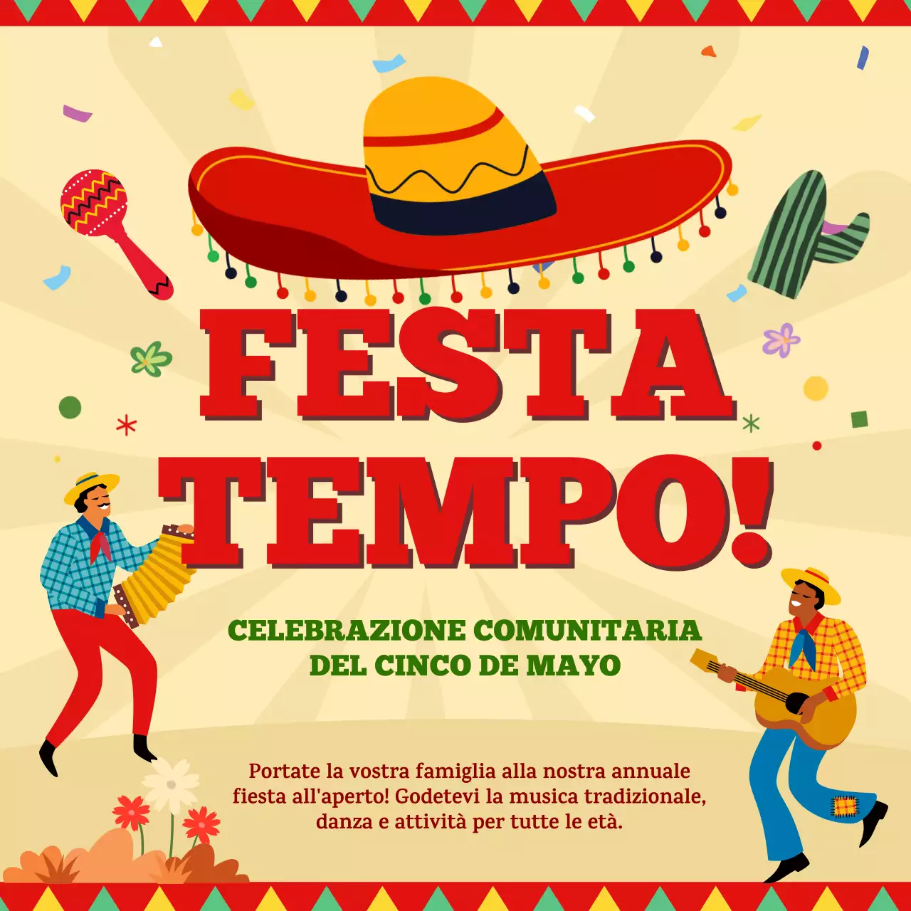 Beige e rosso Kitsch Cinco de Mayo Pubblicità dell'evento comunitario