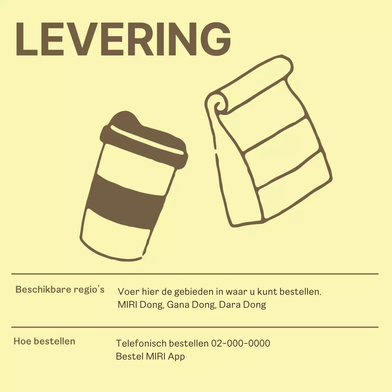 Eenvoudige café aankondiging in geel en bruin