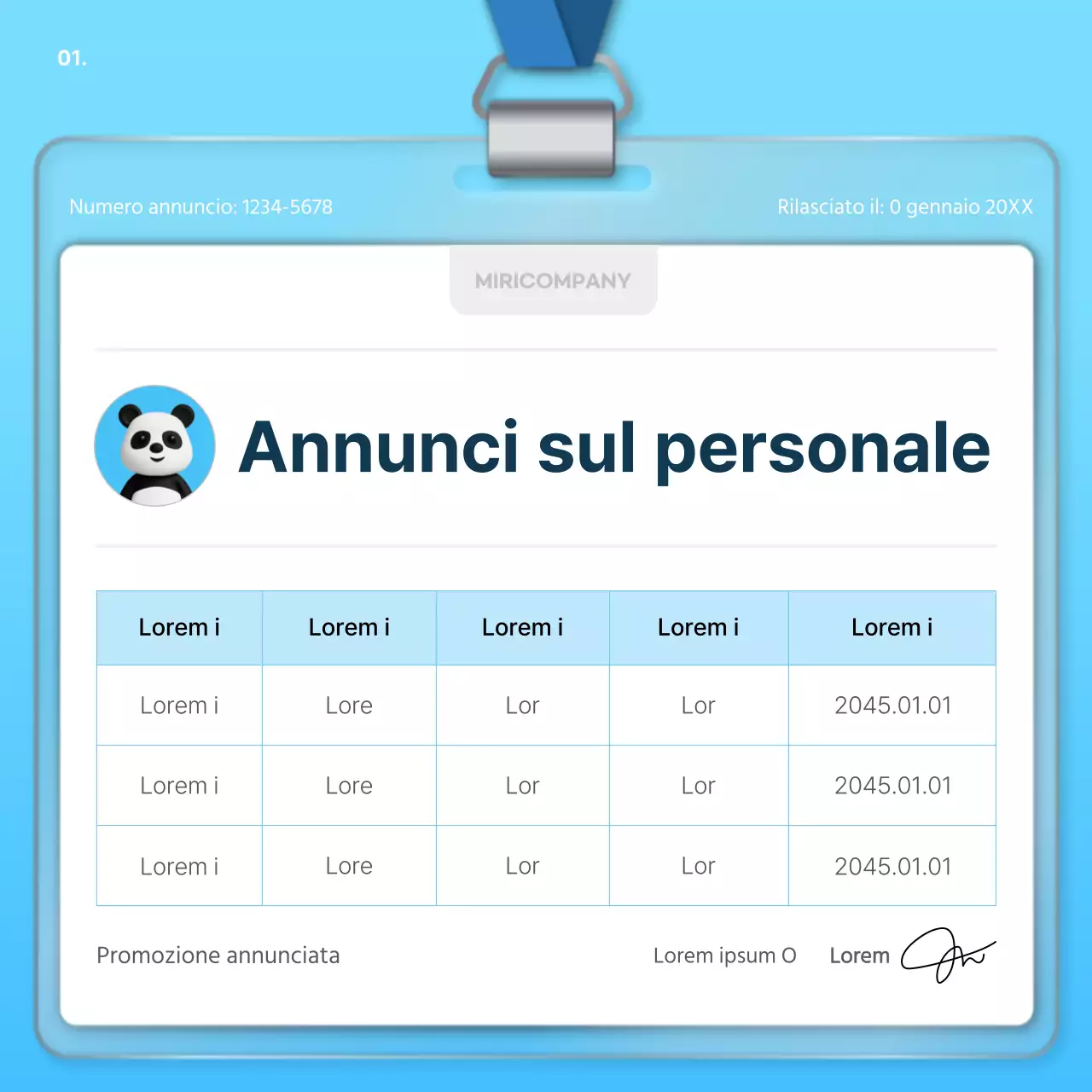 Moderno planner per annunci aziendali di un anno in bianco e azzurro