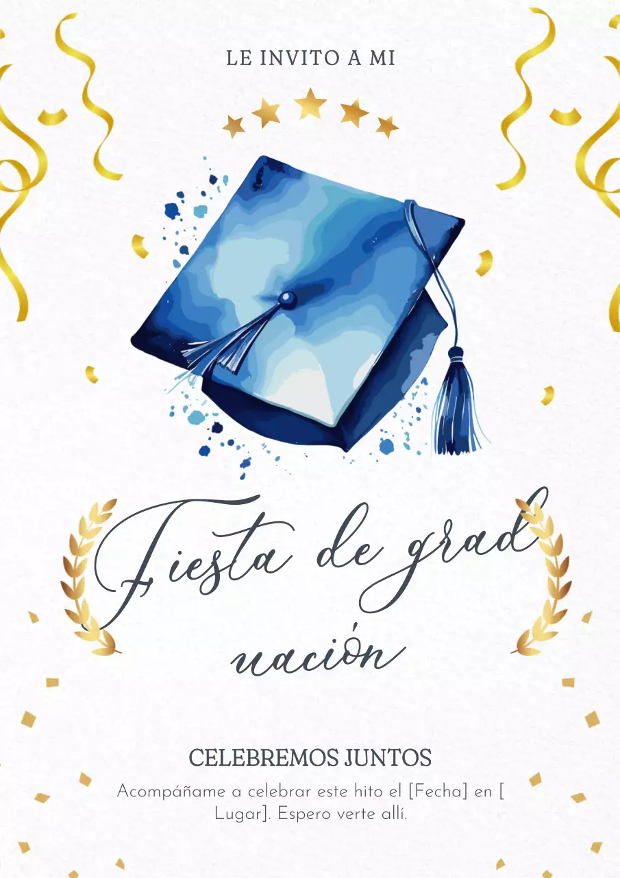 Elegante invitación dorada y azul para fiesta de graduación
