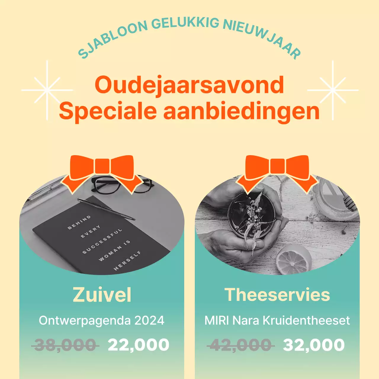 Een oosters vakantiesjabloon in oranje en mint promoten