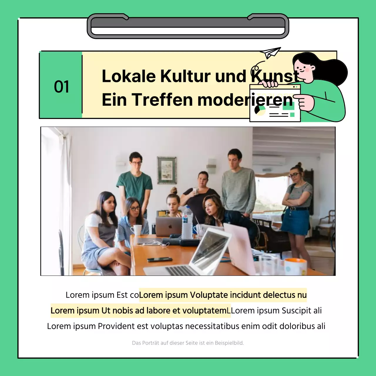 Ein einfacher grüner und gelber Bericht über die Ergebnisse der regionalen Treffen