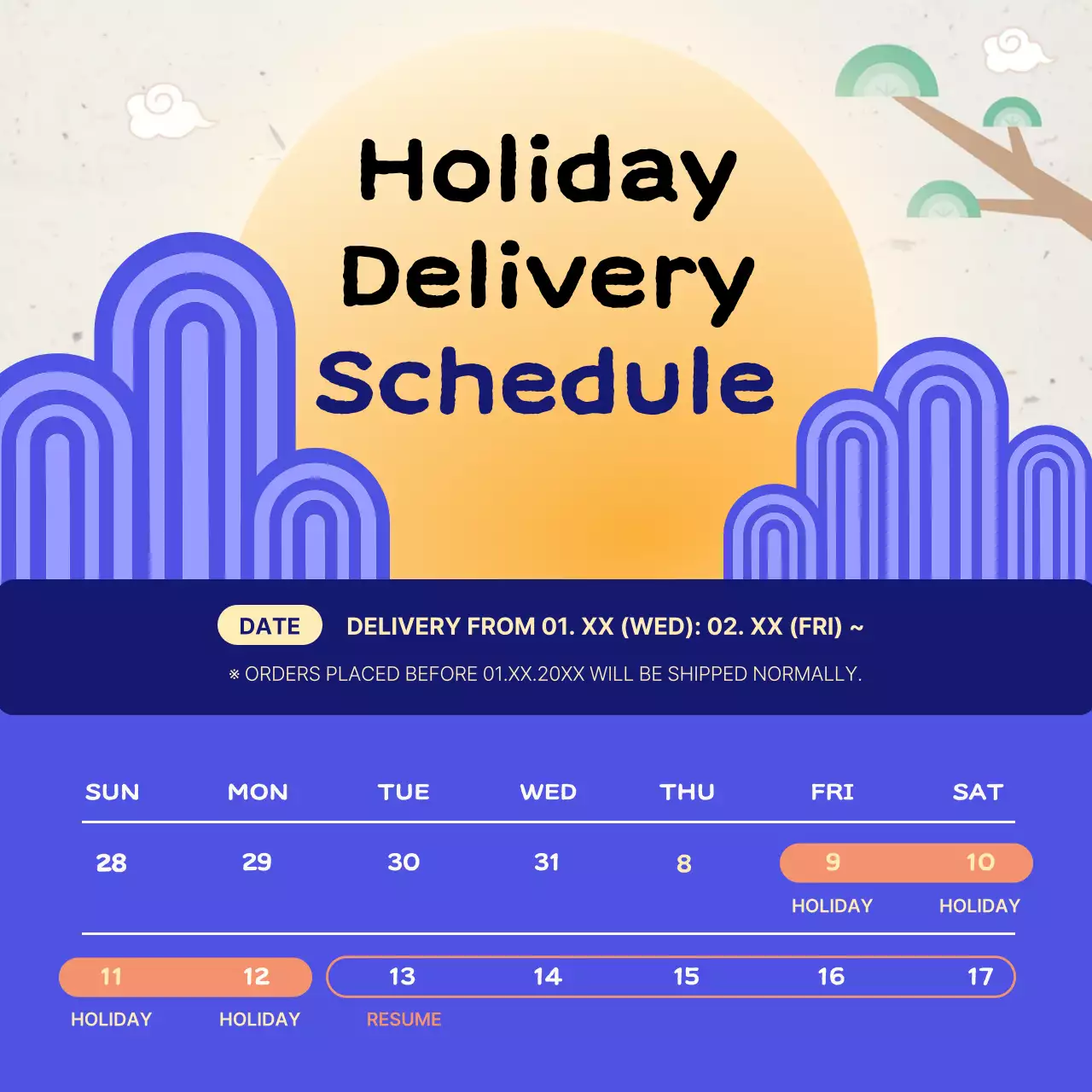 Blue Retro Holiday Schedule Announcement Social Media Post