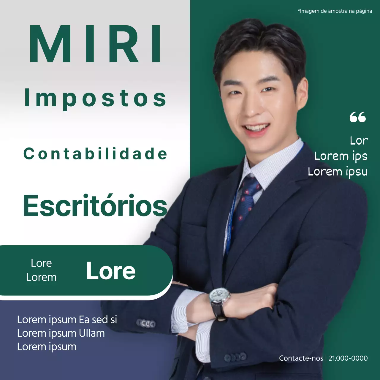 Uma promoção simples em verde e azul-marinho para uma empresa de contabilidade fiscal