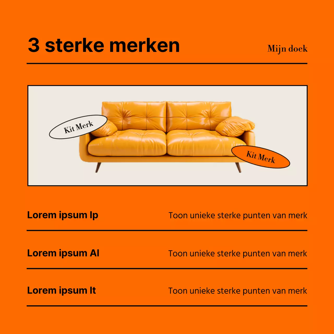 Minimalistische kitreclame voor meubelzaak in oranje en zwart