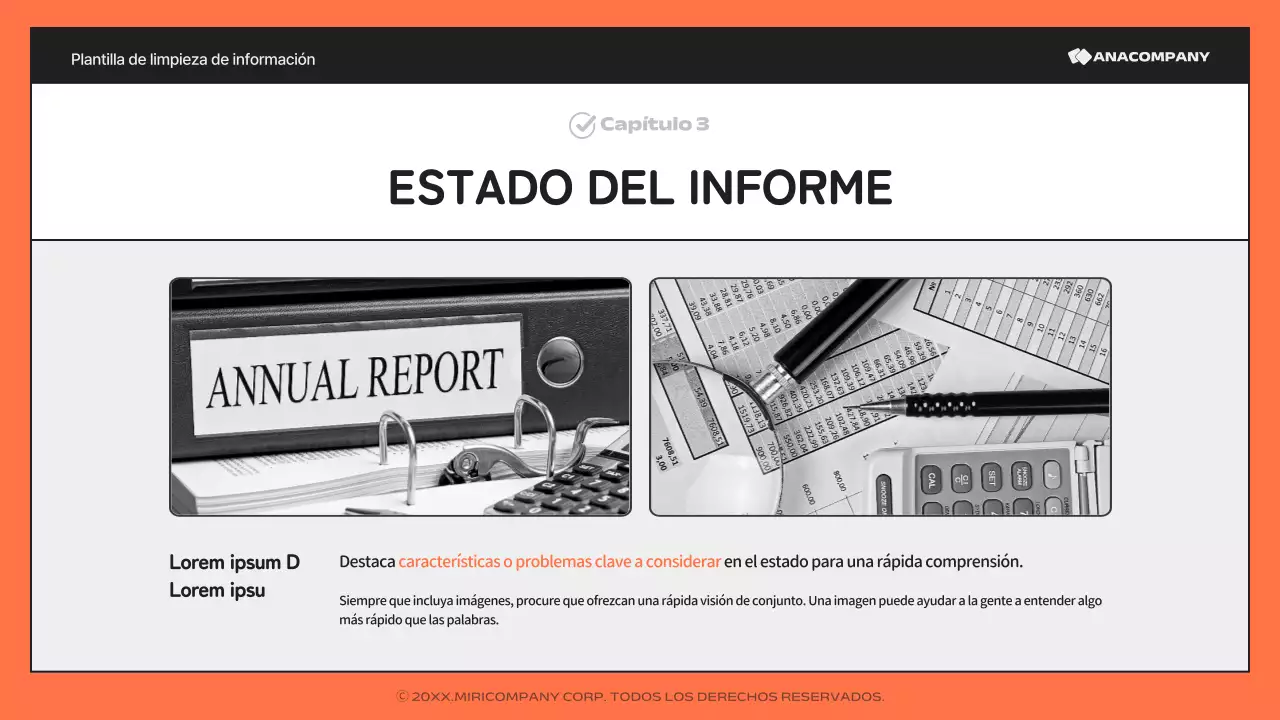 Un sencillo informe naranja y negro, rico en información