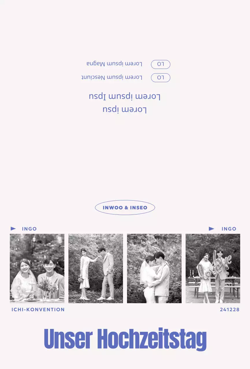 Eine Einladung mit einem schwarz-weißen Fotokonzept mit vier Schnitten und einer klaren Schriftart