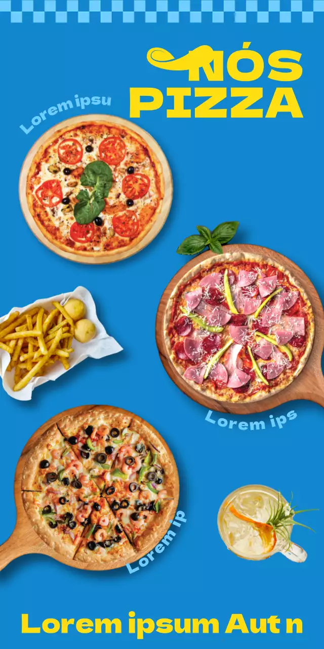 Quadro de menu publicitário azul e amarelo para pizza