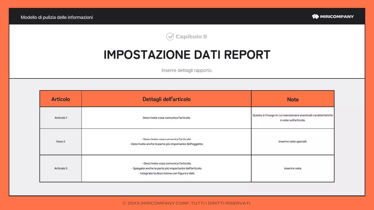 Un semplice report arancione e nero, ricco di informazioni