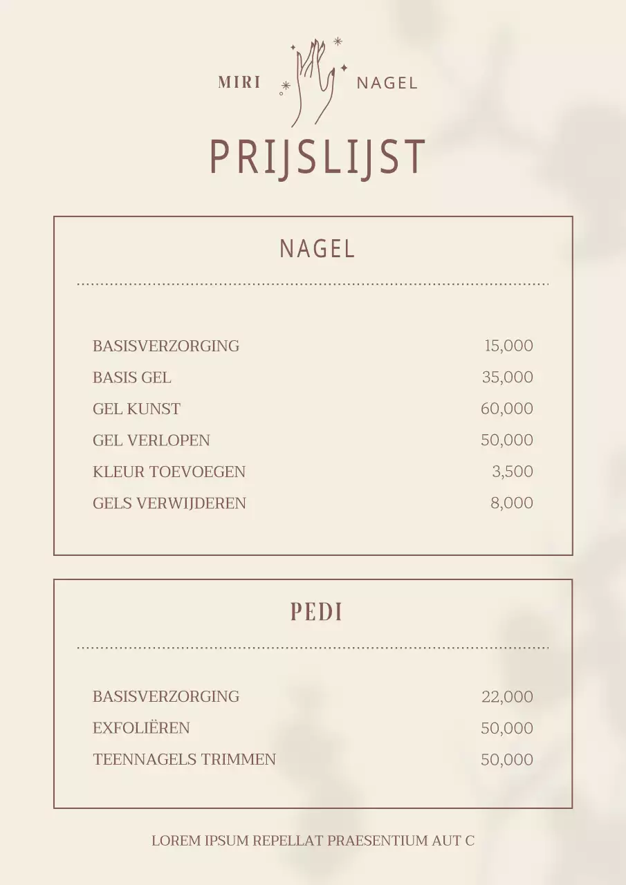 Prijzen voor een minimalistische nagelsalon met ivoorkleurige en bruine plantschaduwen
