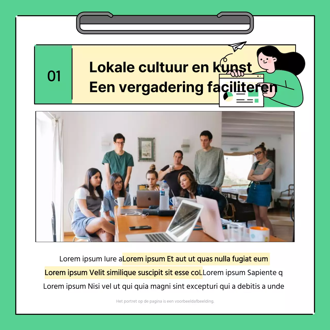 Een eenvoudig groen en geel verslag van de resultaten van een regionale bijeenkomst