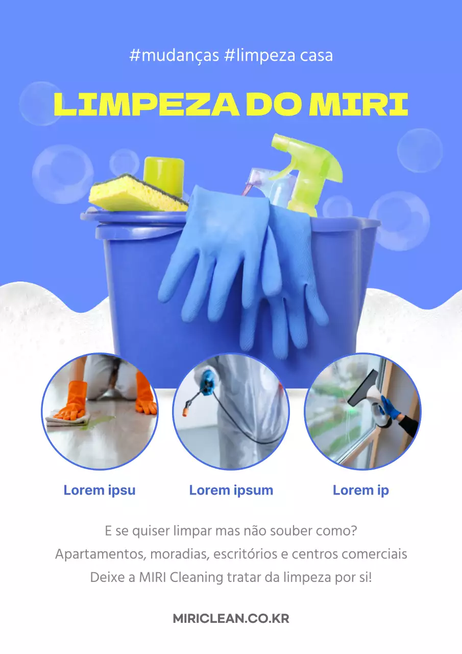 Promover uma empresa de limpeza moderna com cores azuis e fluorescentes