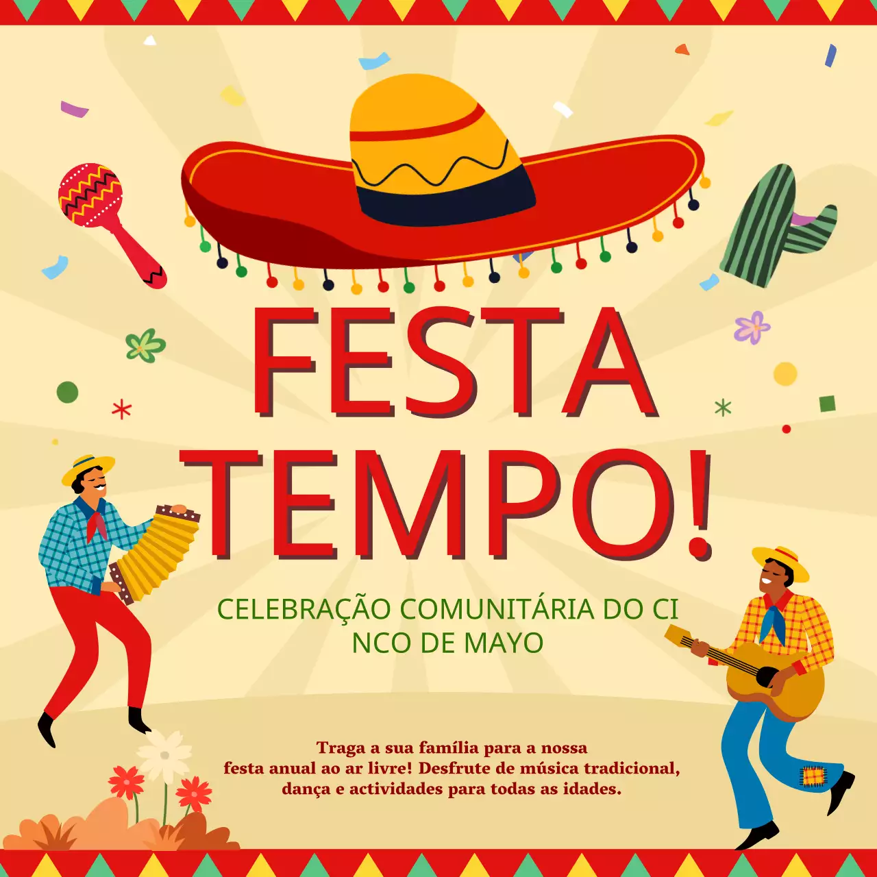 Publicidade do evento comunitário Cinco de Mayo Beige and Red Kitsch