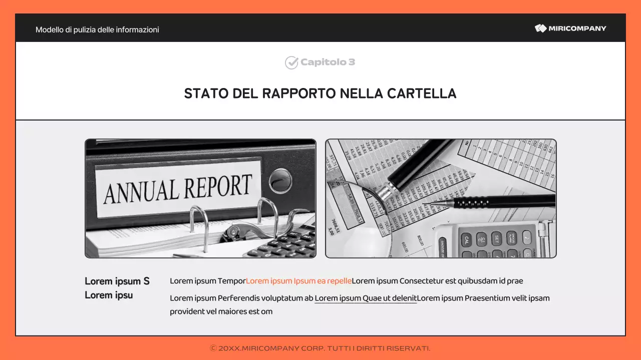 Un semplice report arancione e nero, ricco di informazioni